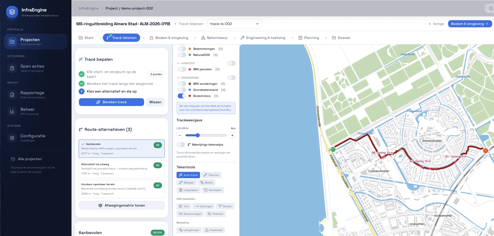 AI-Engine: tracé bepalen op de kaart met route-alternatieven, databronnen en afwegingsmatrix