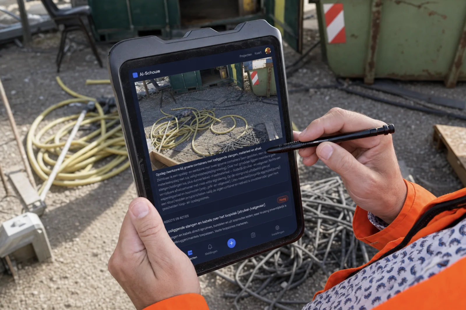 AI-Schouw op een tablet in het veld: een foto van de werklocatie wordt direct omgezet in een gestructureerde bevinding met risico's en acties