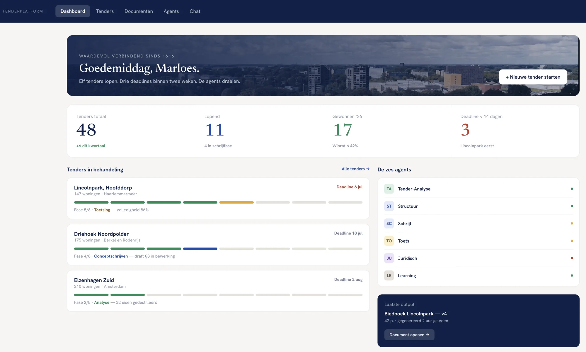 AI-Tendermanagement: portfolio-overzicht met tenders, fasen, deadlines en de voortgang van actieve agents
