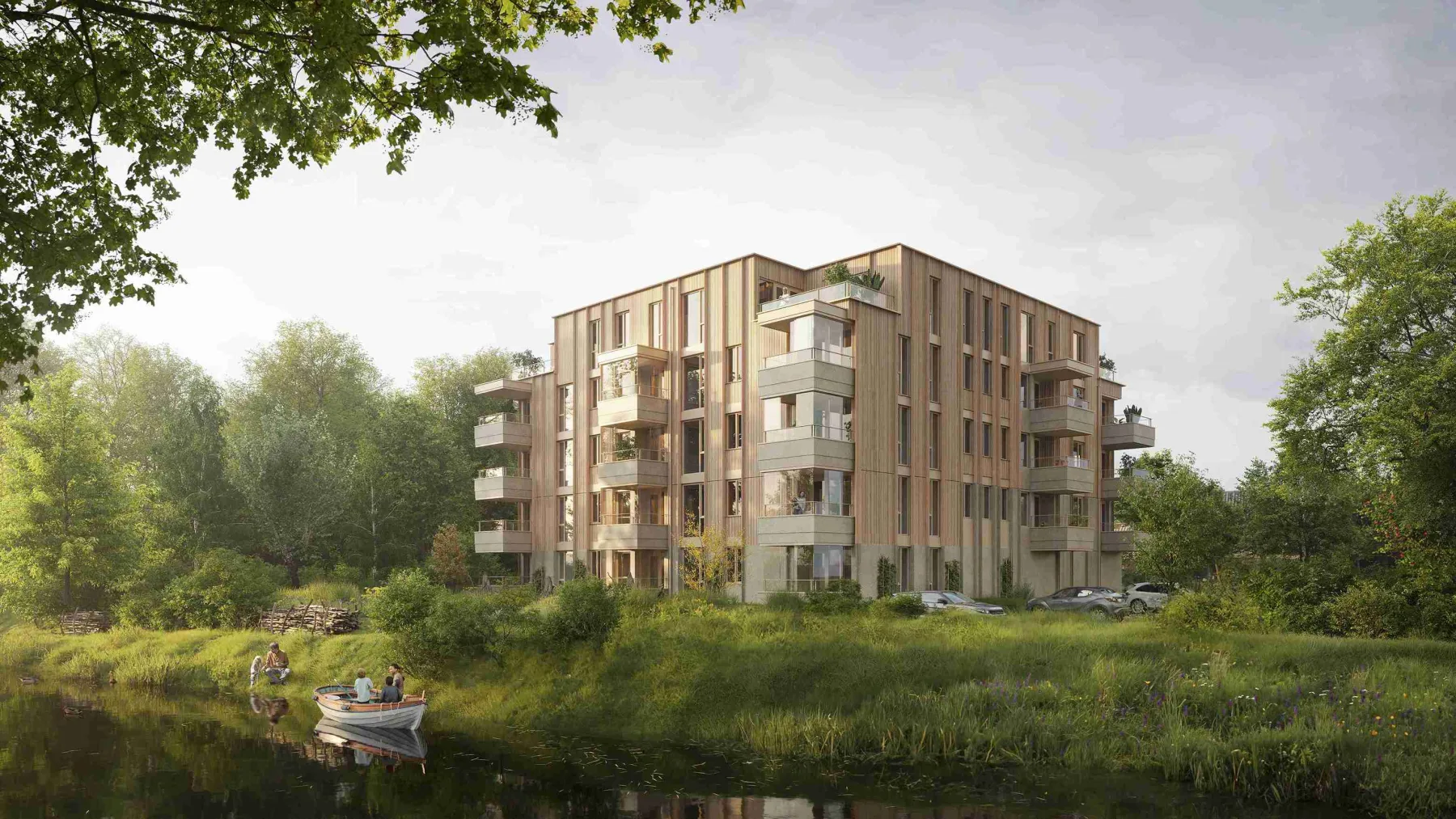 Door Visual Studio gegenereerde sfeerimpressie van een nieuwbouwproject aan het water, met houtbouwarchitectuur en groene omgeving